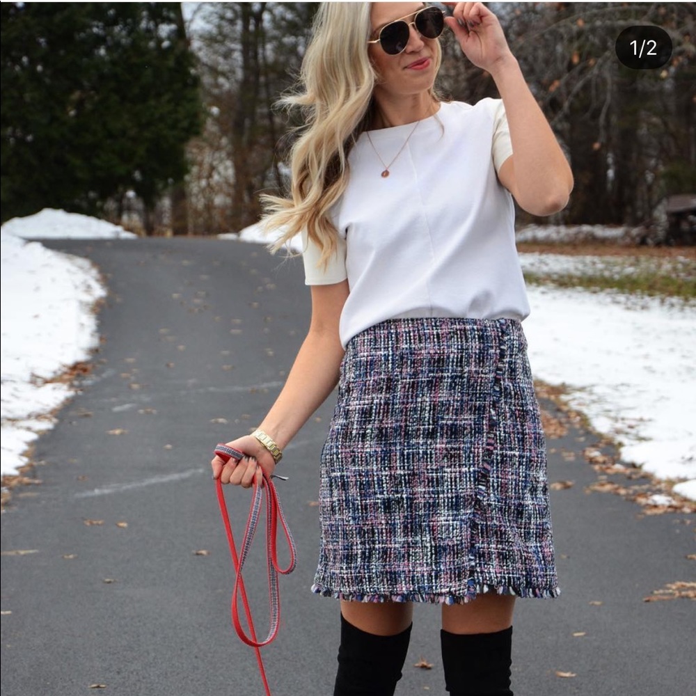 Blue, pink, white and black skirt.